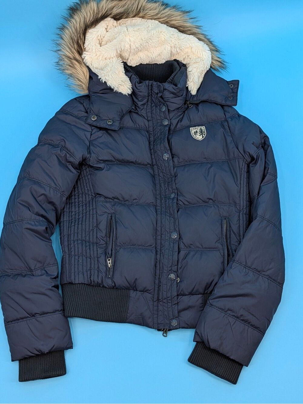 American Eagle Navy Blue Puffer Bomber Jacket with Faux Fur Hood Med